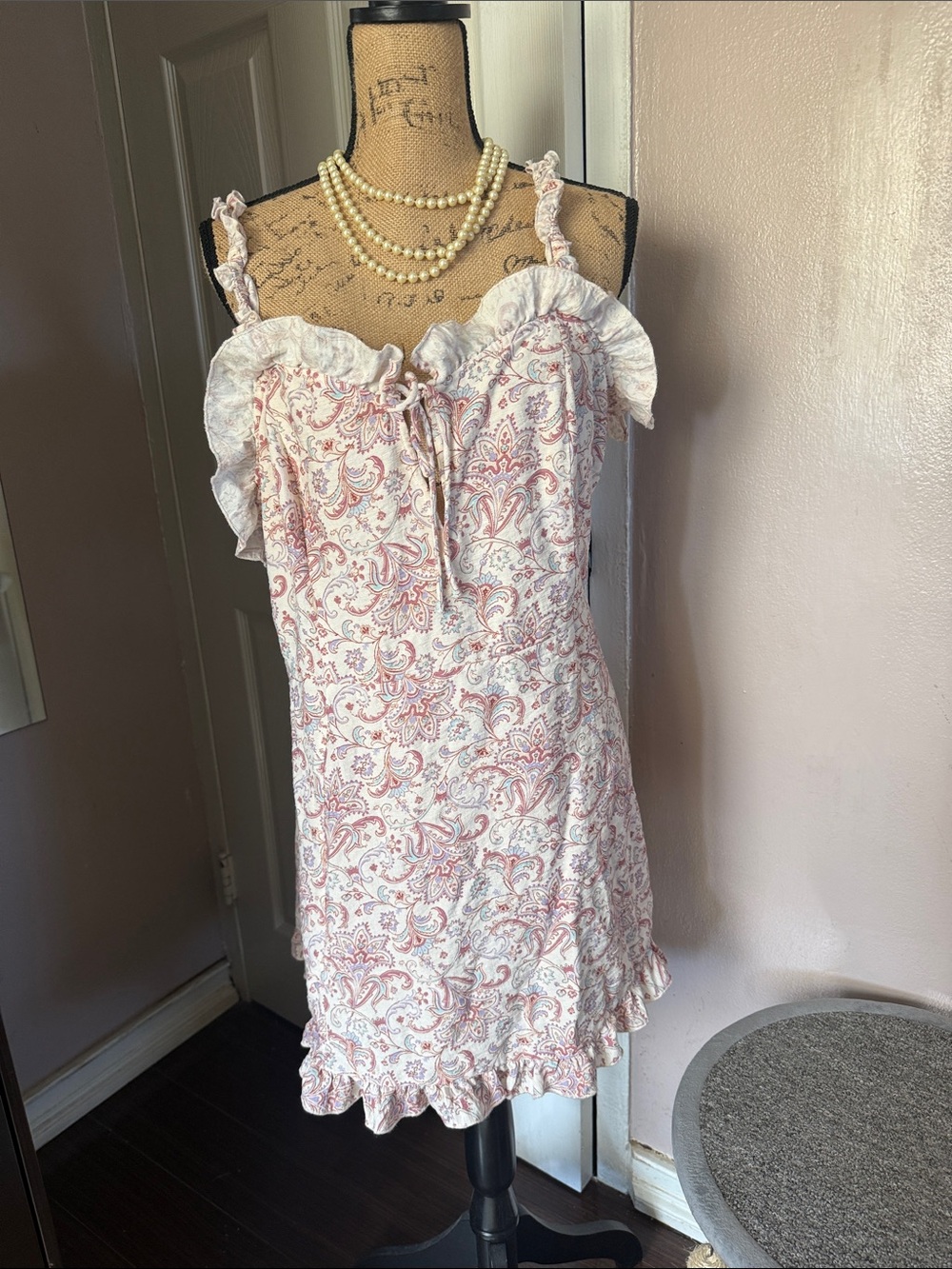 H&M White Mini Slip Dress with Pink Paisley Print